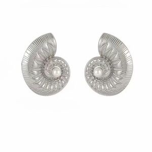 Silver Spiral Shell Stud Earrings with Pearl Accent
